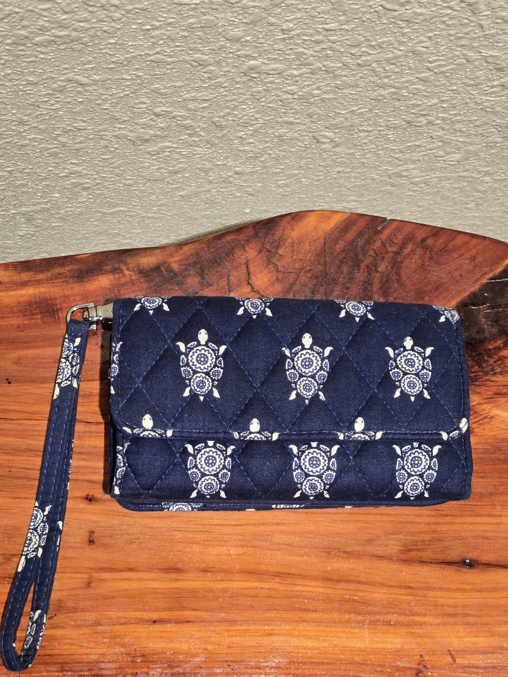 Vera Bradley Navy Blue Quilted Wristlet with White Turtle Print